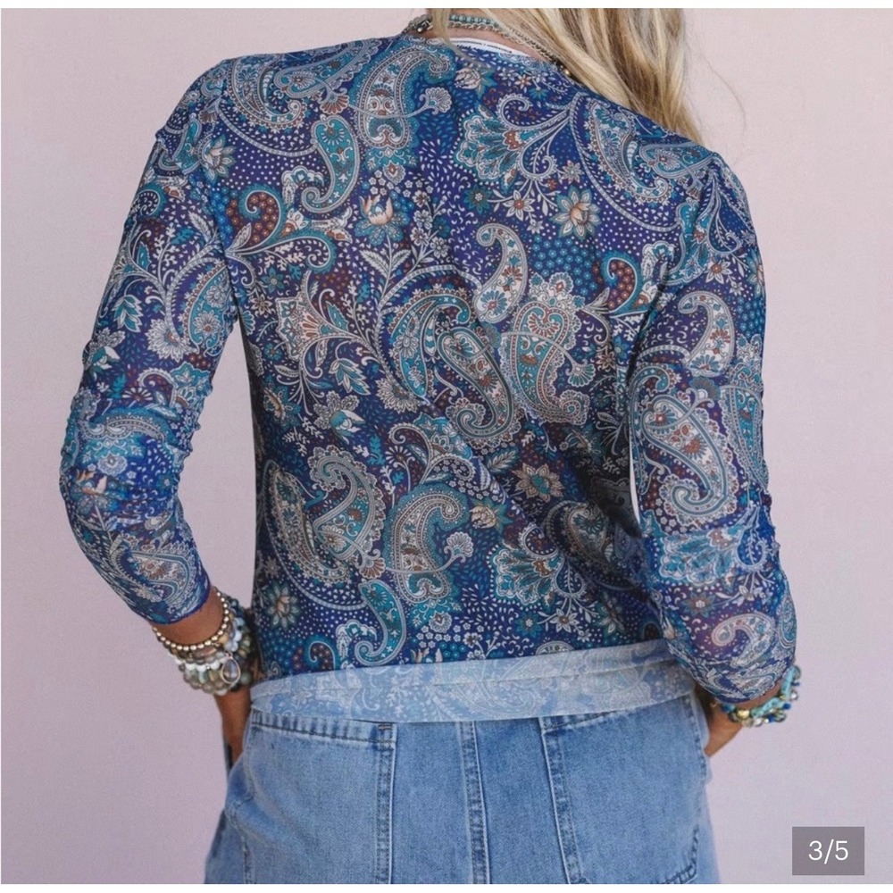 Three Bird Nest Blue Paisley Long Sleeve Top XL Fitted Boho Floral Sheer